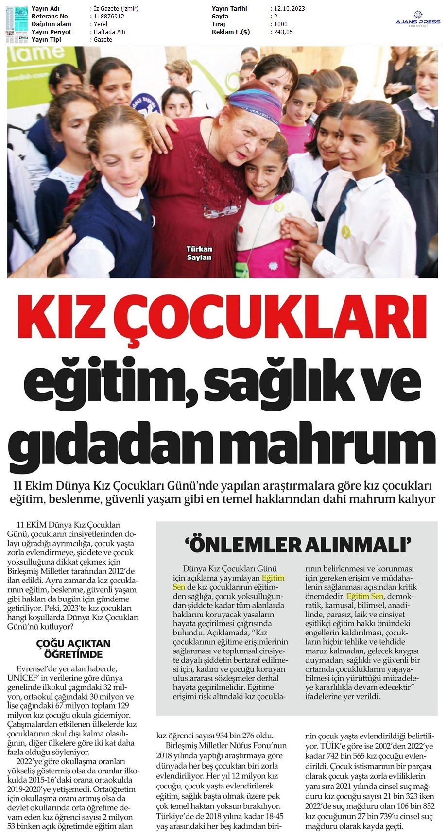 Kız Çocukları Eğitim ve Sağlıktan Mahrum / İz Gazete (İzmir)