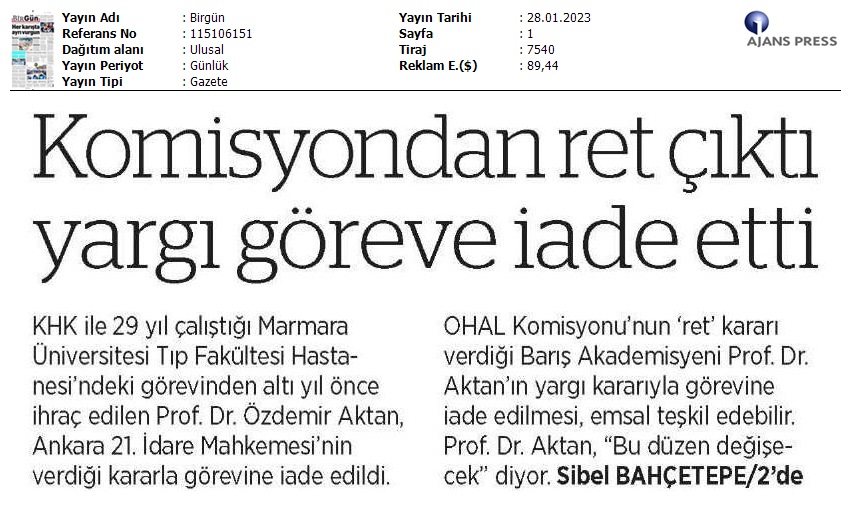 Komisyondan Ret Çıktı, Yargı Göreve İade Etti / BirGün