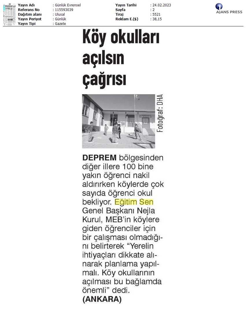 Köy Okulları Açılsın Çağrısı / Evrensel