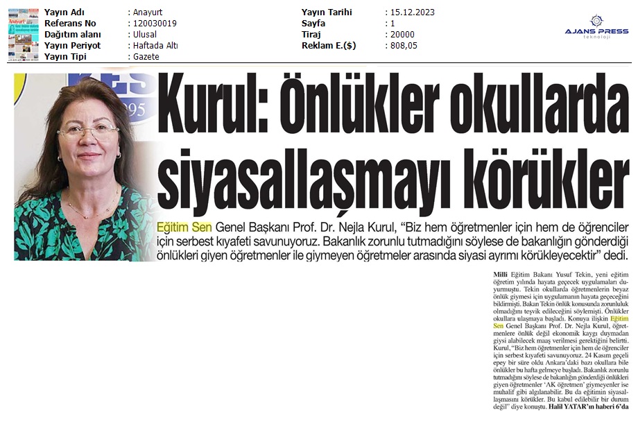 Kurul: Önlükler Okullarda Siyasallaşmayı Körükler / Anayurt
