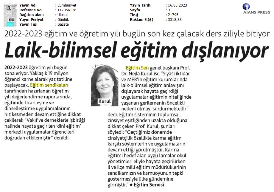 Laik-Bilimsel Eğitim Dışlanıyor / Cumhuriyet