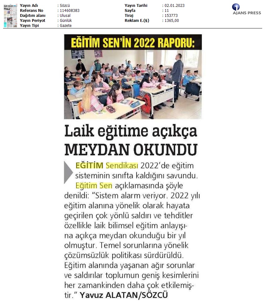 Laik Eğitime Açıkça Meydan Okundu / Sözcü