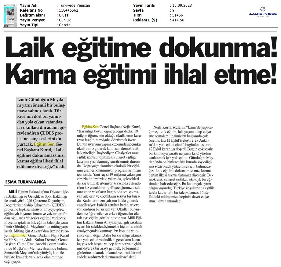 Laik Eğitime Dokunma! Karma Eğitimi İhlal Etme! / Türkiye'de Yeniçağ