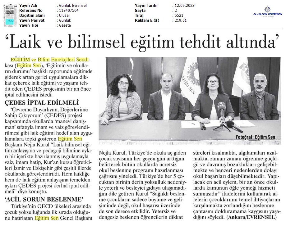"Laik ve Bilimsel Eğitim Tehdit Altında" / Evrensel