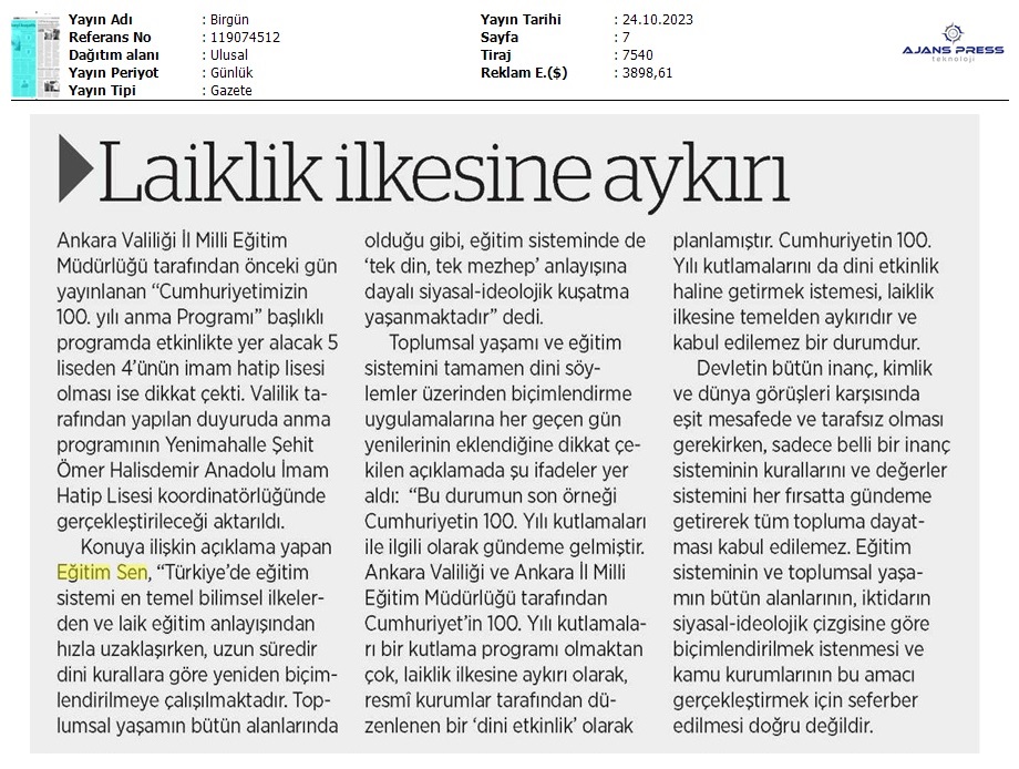 Laiklik İlkesine Aykırı / Birgün