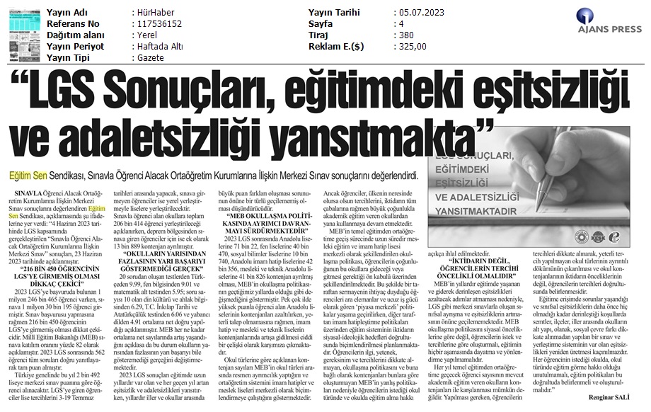 "LGS Sonuçları, Eğitimdeki Eşitsizliği ve Adaletsizliği Yansıtmakta" / Hür Haber