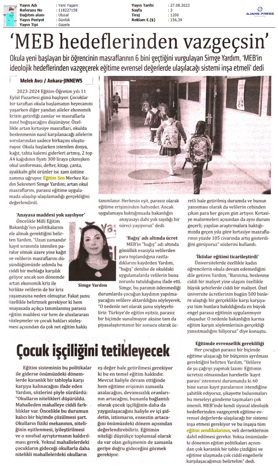 "MEB Hedeflerinden Vazgeçsin" / Yeni Yaşam