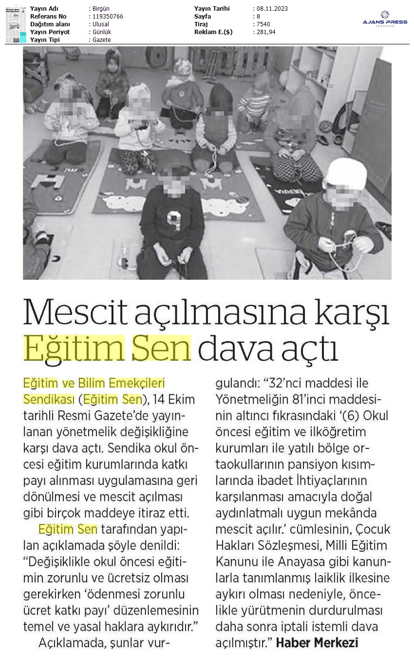 Mescit Açılmasına Karşı Eğitim Sen Dava Açtı / Birgün
