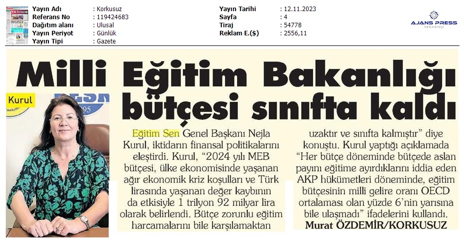 Milli Eğitim Bakanlığı Bütçesi Sınıfta Kaldı / Korkusuz
