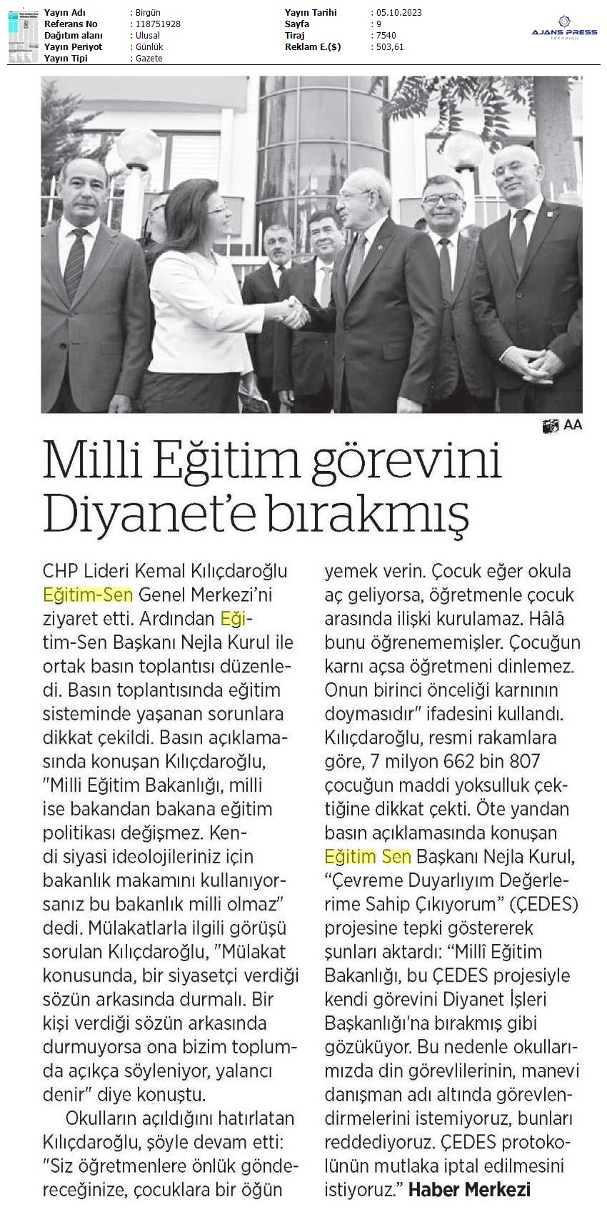 Milli Eğitim Görevini Diyanet'e Bırakmış / Birgün