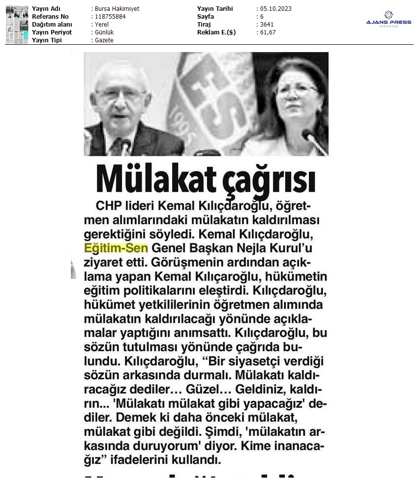 Mülakat Çağrısı / Bursa Hakimiyet