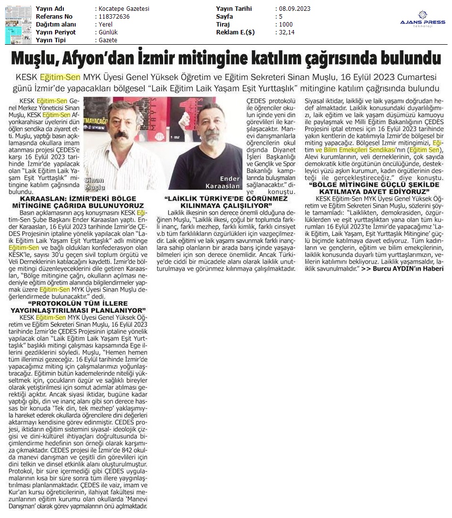 Muşlu, Afyon'dan İzmir Mitingine Katılım Çağrısında Bulundu / Kocatepe Gazetesi