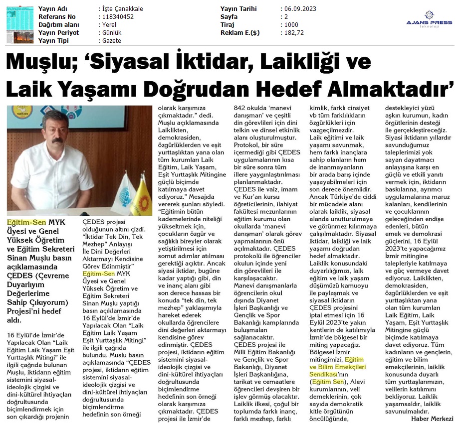 Muşlu: "Siyasal İktidar, Laikliği ve Laik Yaşamı Doğrudan Hedef Almaktadir" / İşte Çanakkale