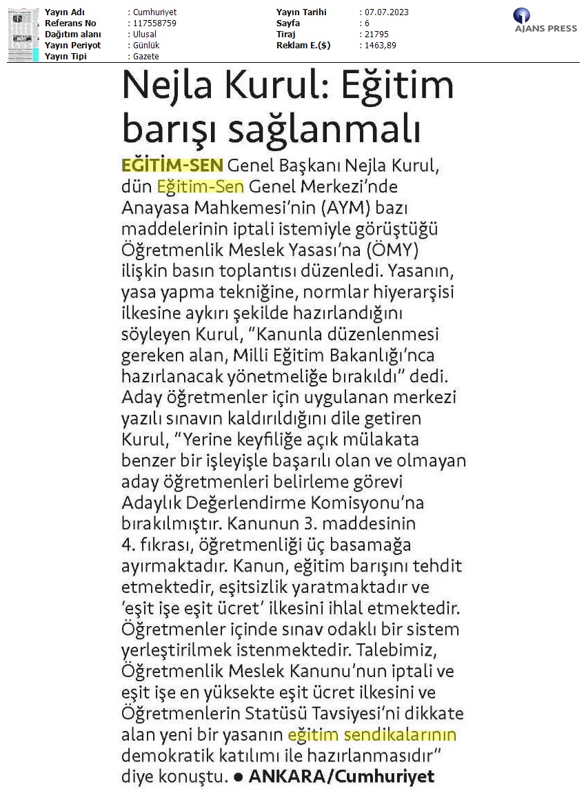 Nejla Kurul: Eğitim Barışı Sağlanmalı / Cumhuriyet