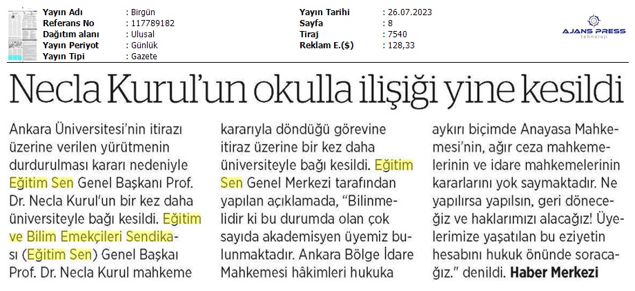 Nejla Kurul'un Okulla İlişiği Yine Kesildi / Birgün