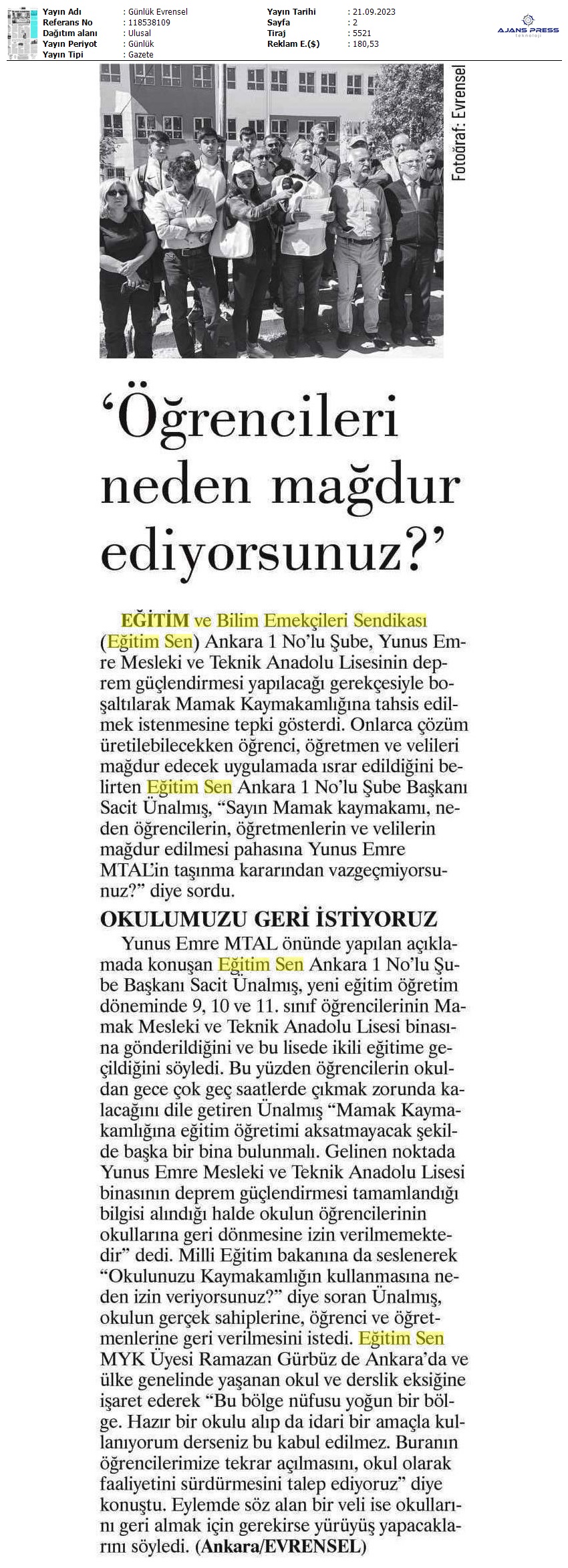 "Öğrencileri Neden Mağdur Ediyorsunuz?" / Evrensel