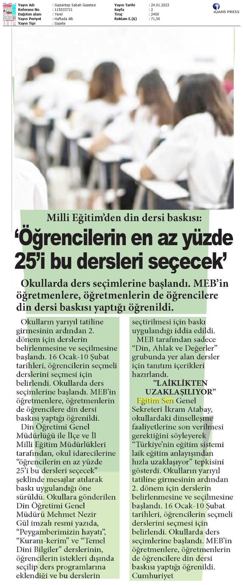 "Öğrencilerin En Az Yüzde 25'i Bu Dersleri Seçecek" / Gaziantep Sabah Gazetesi