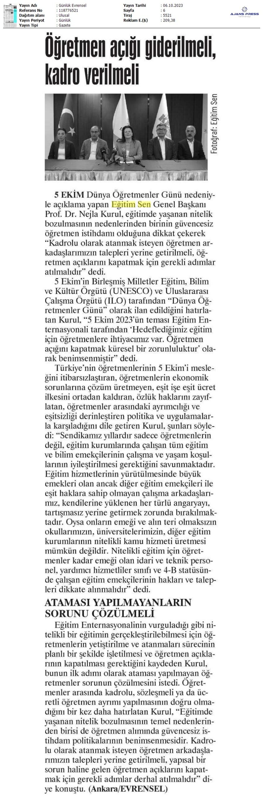 Öğretmen Açığı Giderilmeli, Kadro Verilmeli / Evrensel