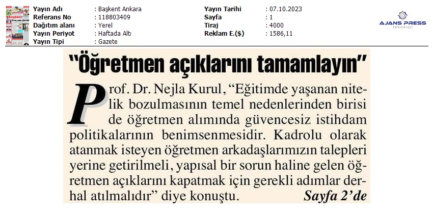 Öğretmen Açıklarını Tamamlayın / Başkent Ankara