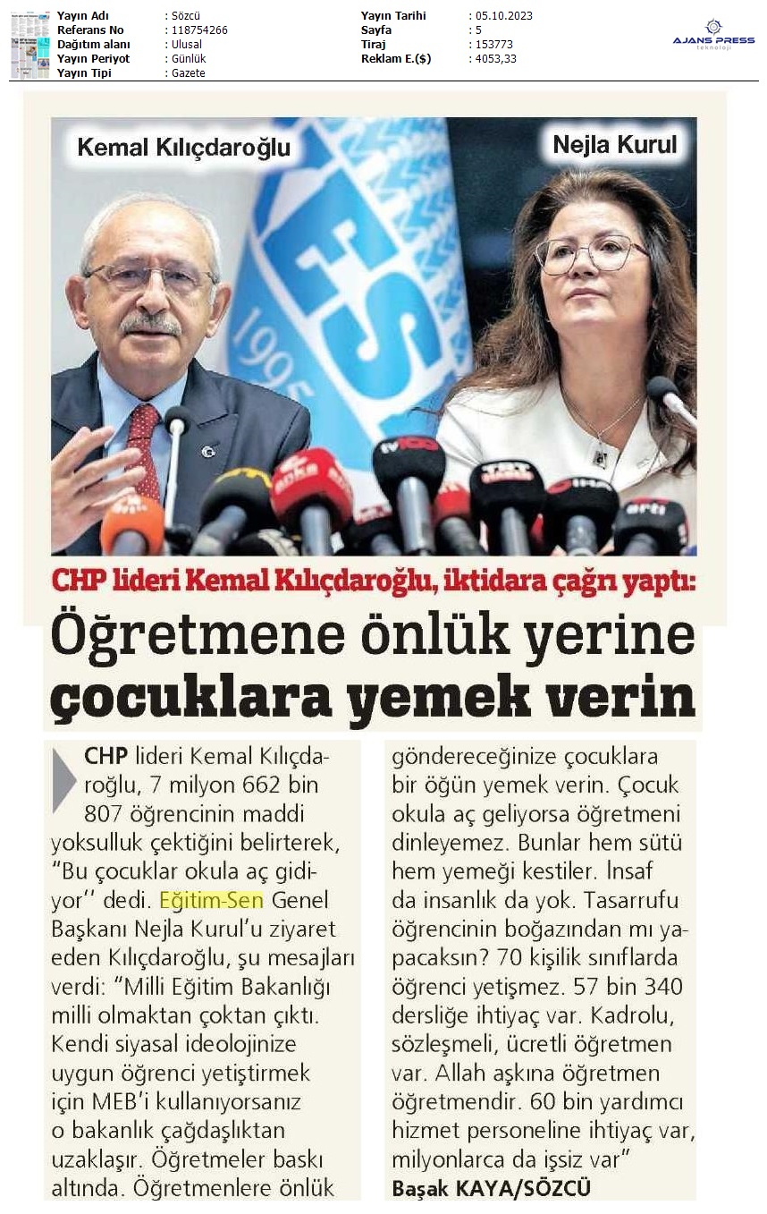 Öğretmene Önlük Yerine Çocuklara Yemek Verin / Sözcü