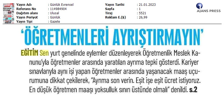 "Öğretmenleri Ayrıştırmayın" / Evrensel