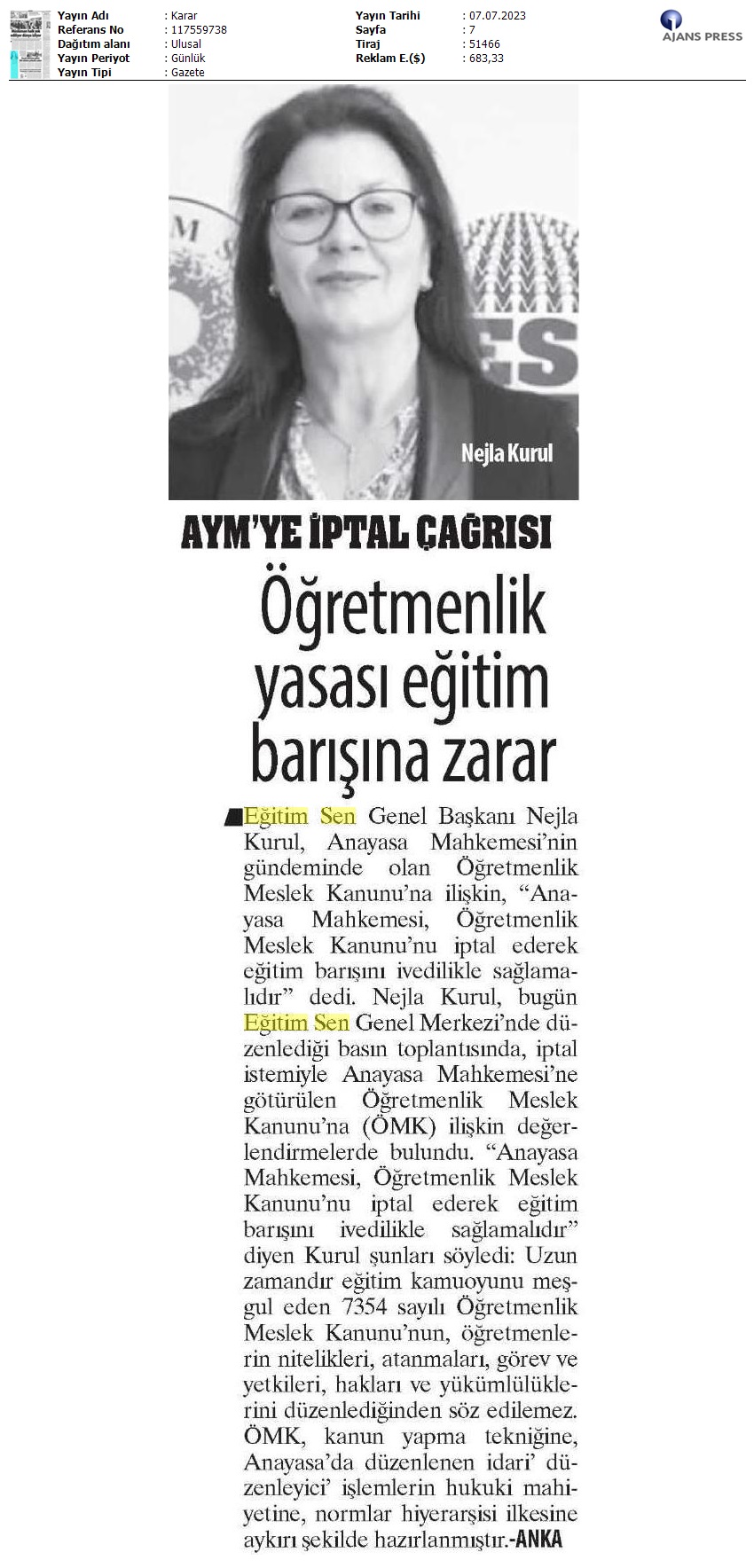 Öğretmenlik Yasası Eğitim Barışına Zarar / Karar