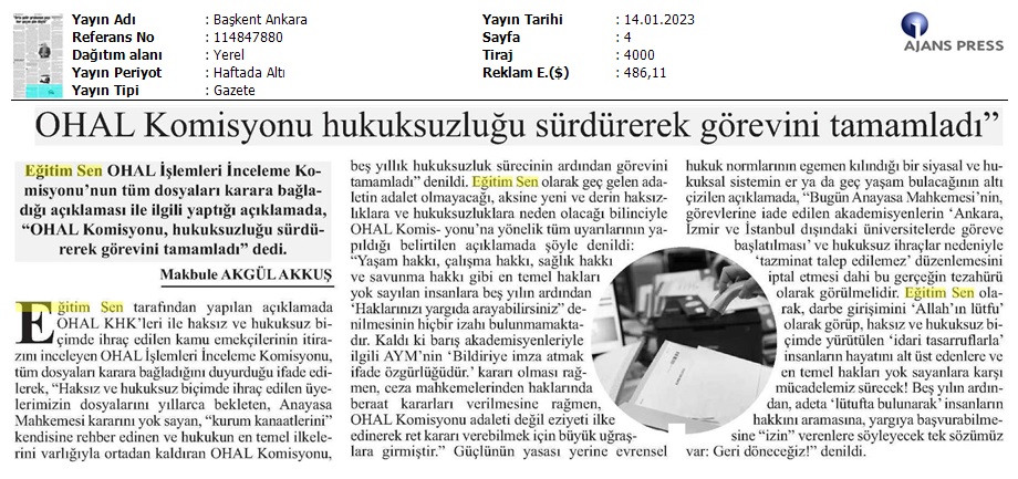 "OHAL Komisyonu, Hukuksuzluğu Sürdürerek Görevini Tamamladı!" / Başkent Ankara
