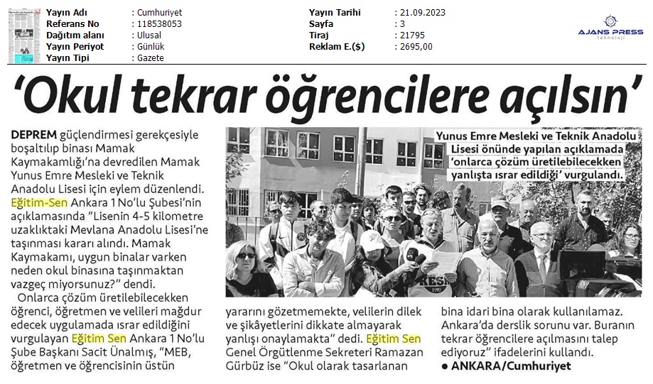 'Okul Tekrar Öğrencilere Açılsın' / Cumhuriyet