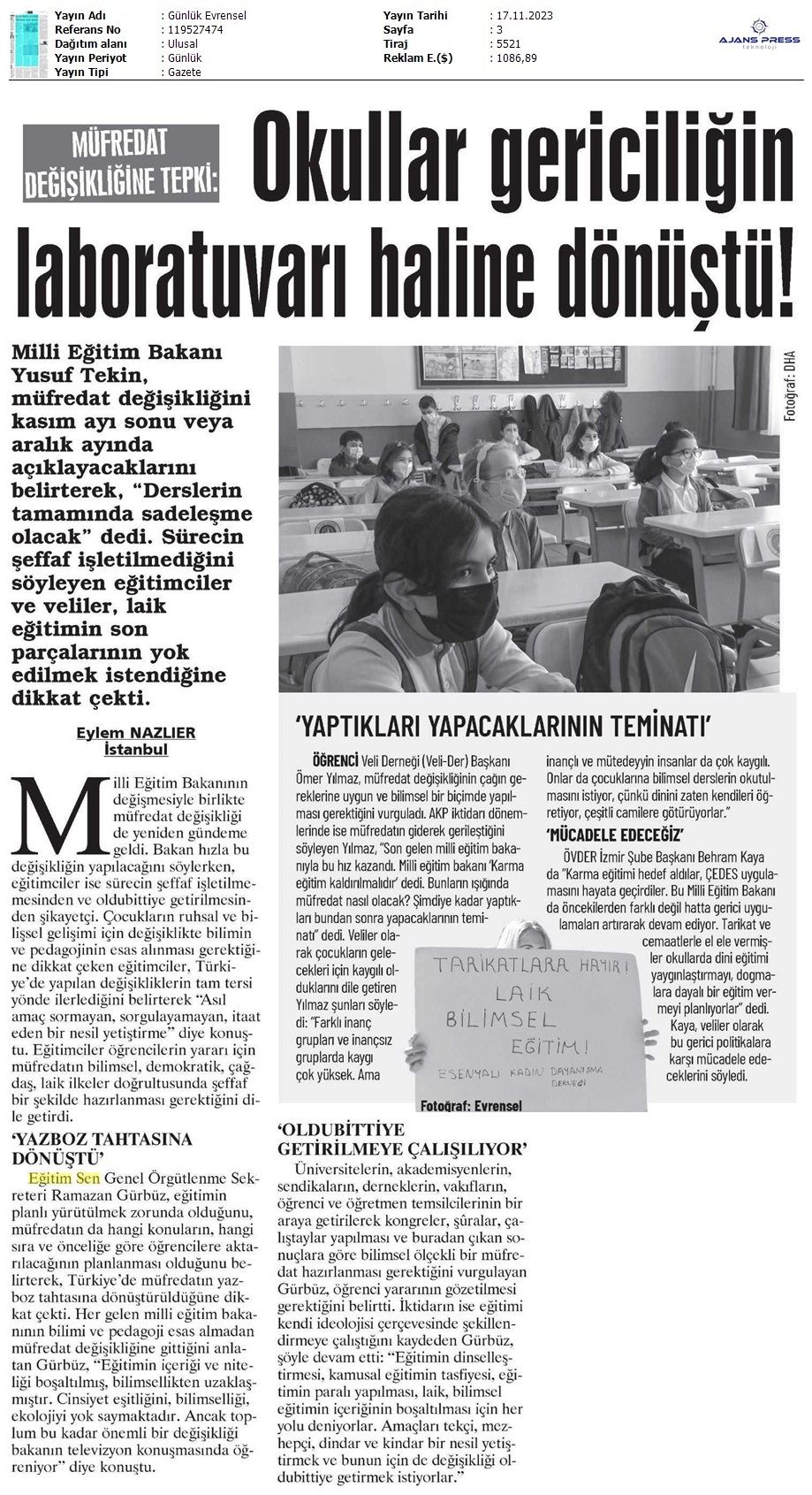 Okullar Gericiliğin Laboratuvarı Haline Dönüştü! / Evrensel