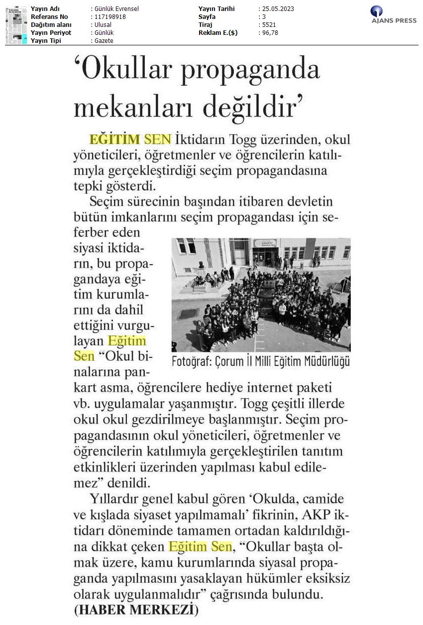 "Okullar Propaganda Mekânları Değildir" / Evrensel