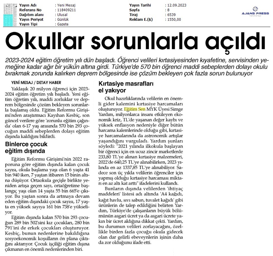 Okullar Sorunlarla Açıldı / Yeni Mesaj