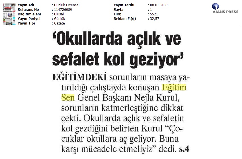 "Okullarda Açlık ve Sefalet Kol Geziyor" / Evrensel
