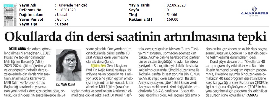Okullarda Din Dersi Saatinin Artırılmasına Tepki / Türkiye'de Yeniçağ