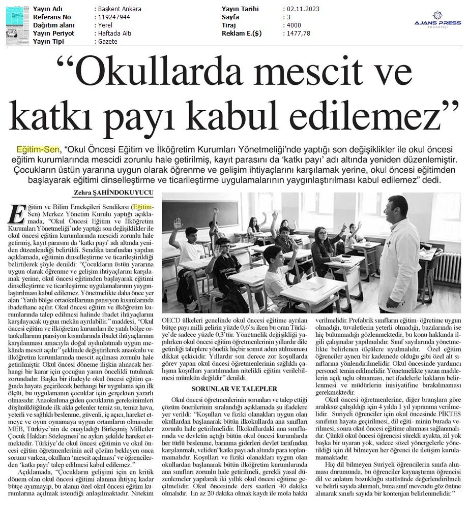 "Okullarda Mescit ve Katkı Payı Kabul Edilemez" / Başkent Ankara
