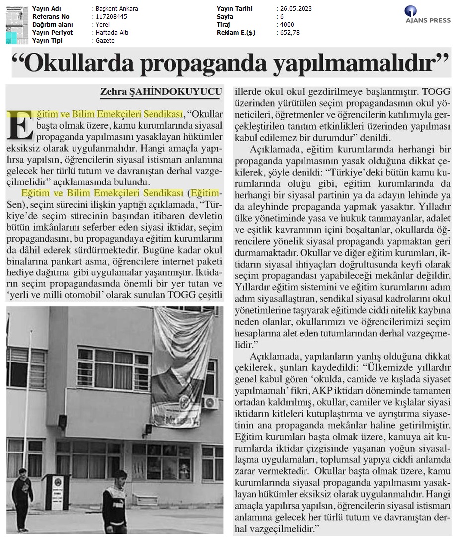 "Okullarda Propaganda Yapılmamalıdır" / Başkent Ankara