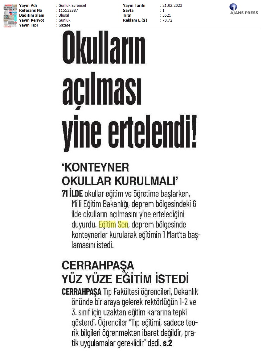 Okulların Açılması Yine Ertelendi / Evrensel