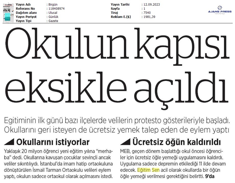 Okulun Kapısı Eksikle Açıldı / Birgün