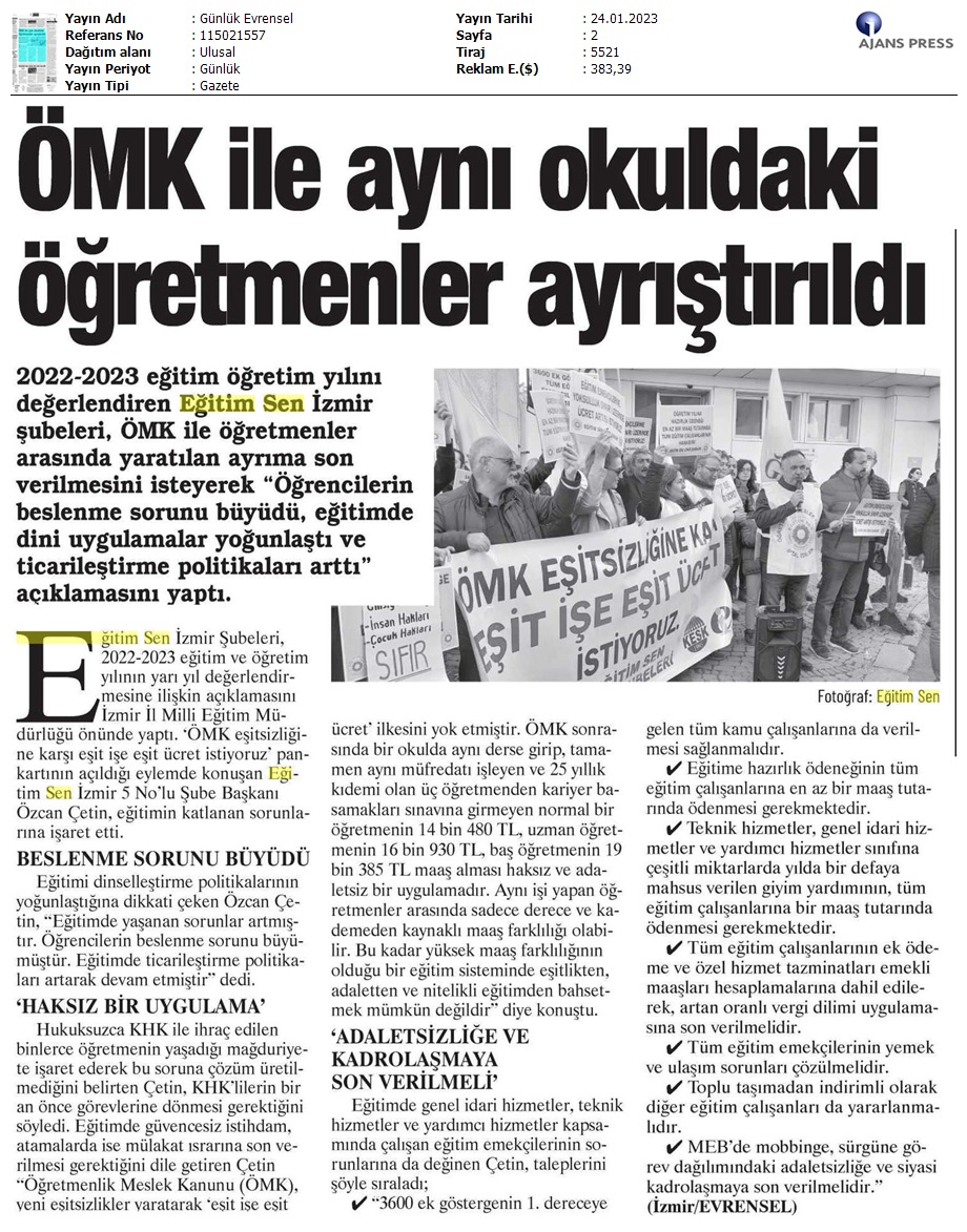ÖMK ile Aynı Okuldaki Öğretmenler Ayrıştırıldı / Evrensel