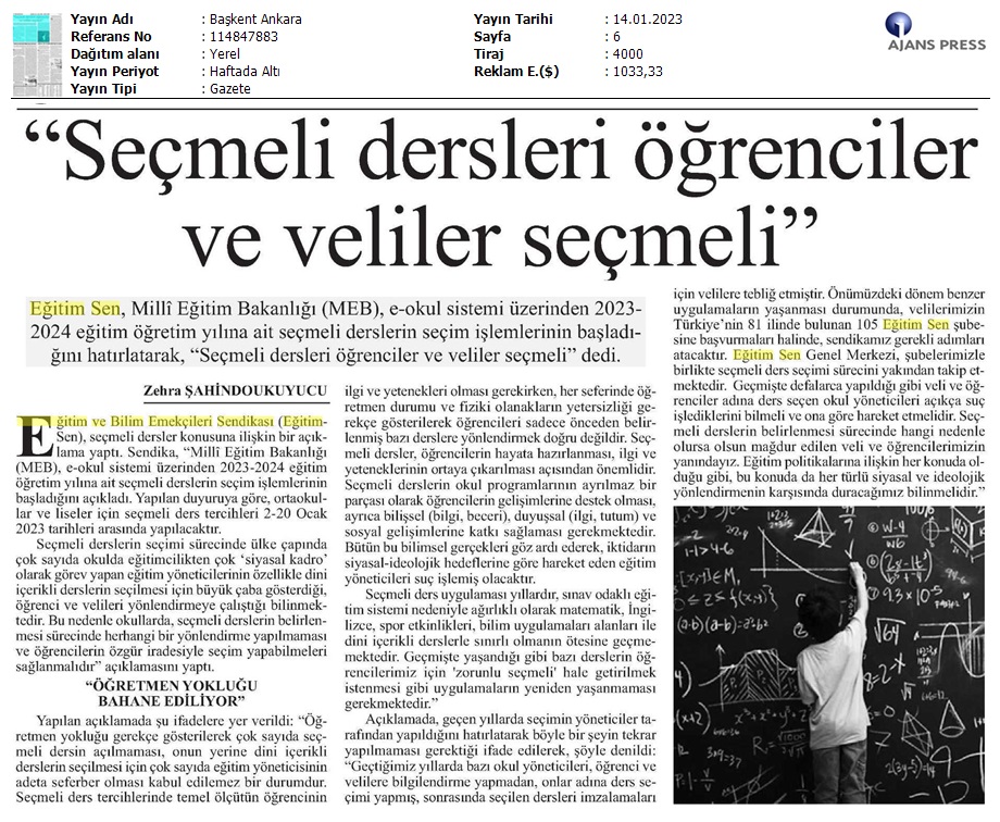 "Seçmeli Dersleri Öğrenciler ve Veliler Seçmeli" / Başkent Ankara