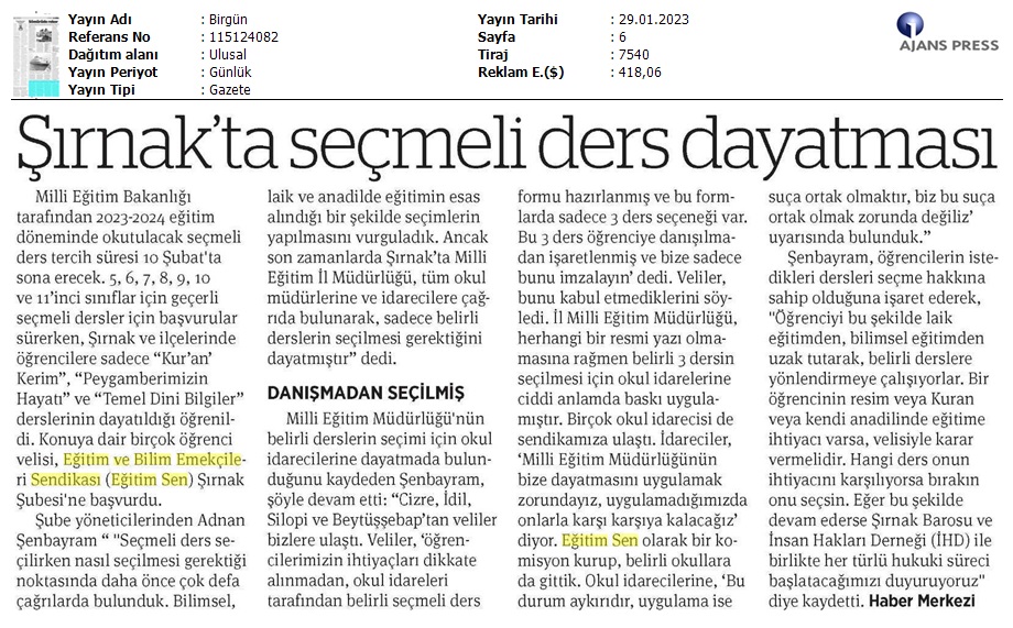 Şırnak'ta Seçmeli Ders Dayatması / BirGün