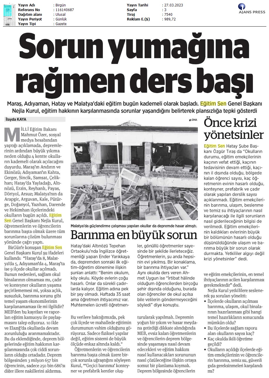 Sorun Yumağına Rağmen Ders Başı / BirGün