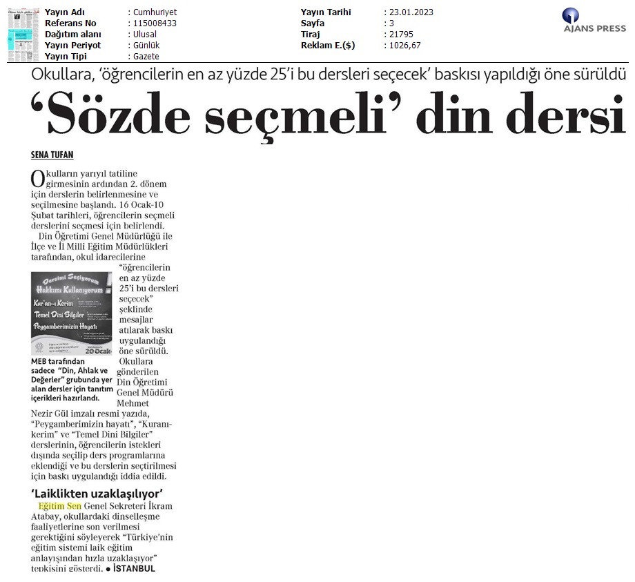 'Sözde Seçmeli' Din Dersi / Cumhuriyet