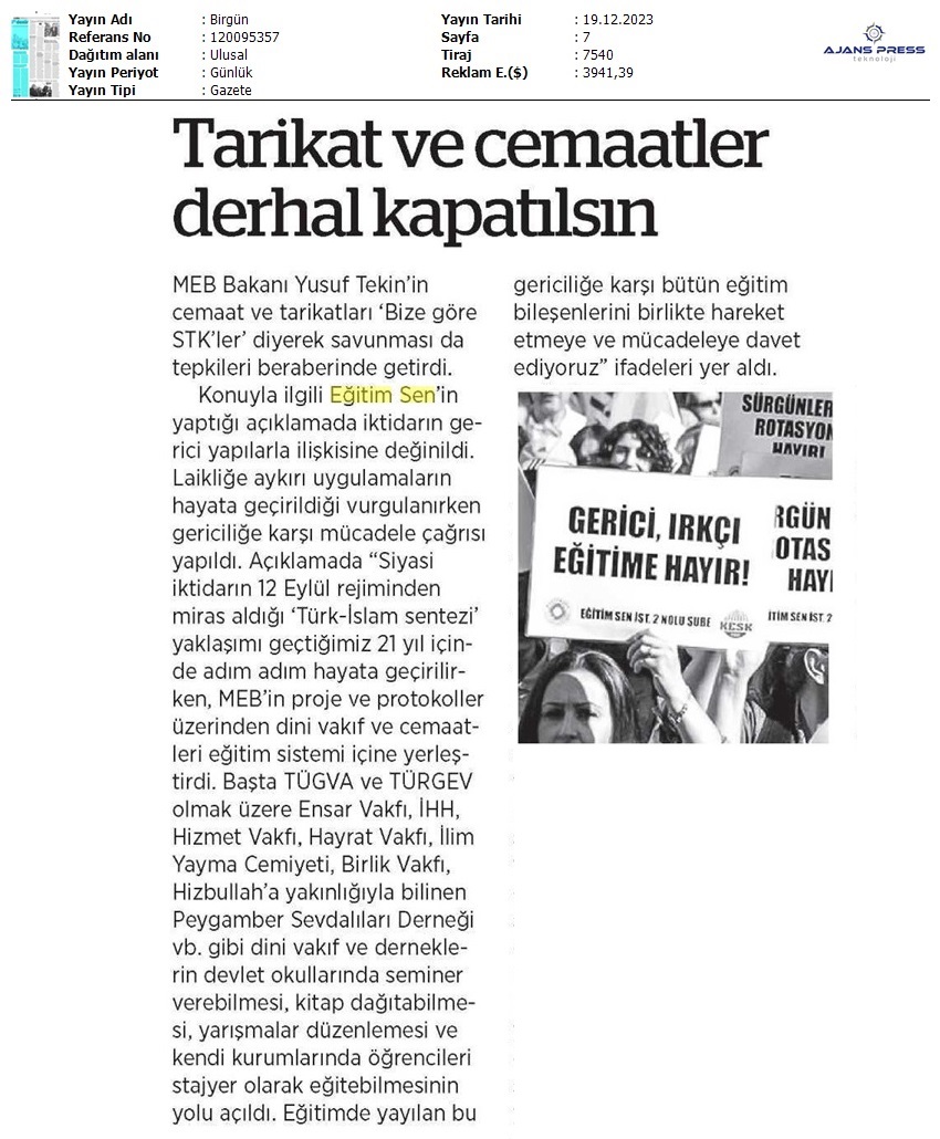 Tarikat ve Cemaatler Derhal Kapatılsın / Birgün