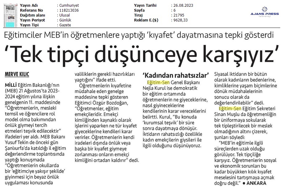 "Tek Tipçi Düşünceye Karşıyız" / Cumhuriyet