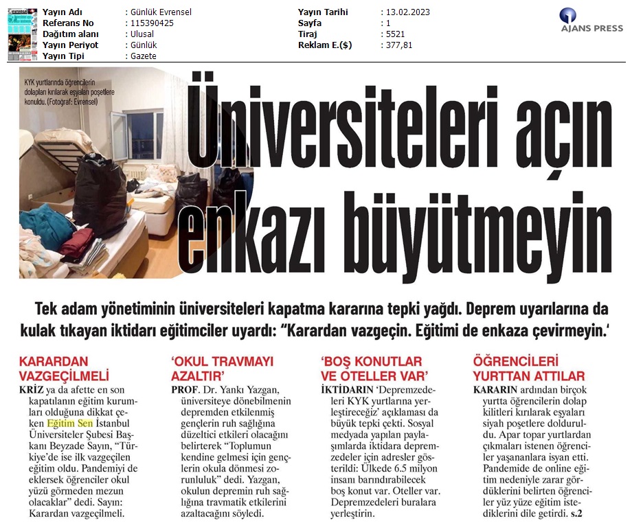 Üniversiteleri Açın, Enkazı Büyütmeyin / Evrensel