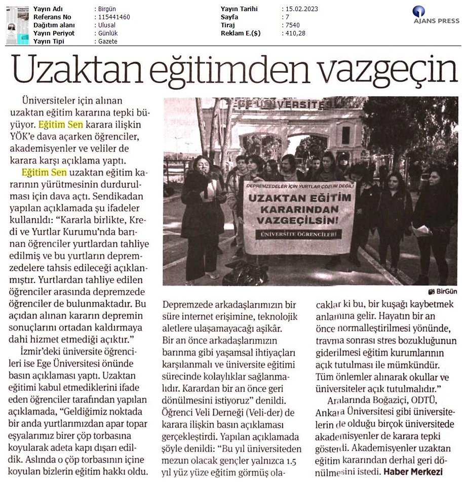 Uzaktan Eğitimden Vazgeçin / BirGün