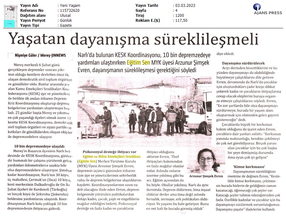 Yaşatan Dayanışma Süreklileşmeli / Yeni Yaşam