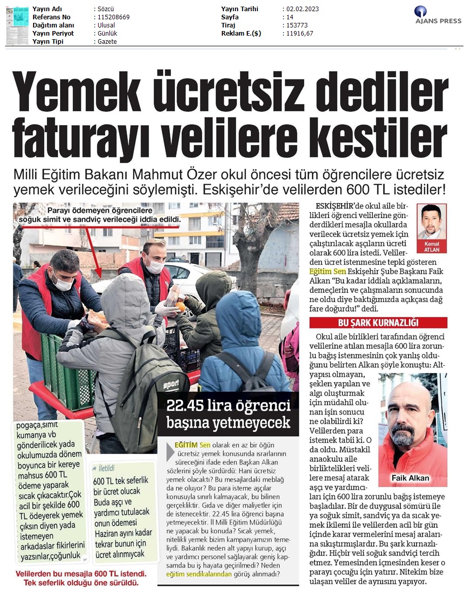 Yemek Ücretsiz Dediler, Faturayı Velilere Kestiler / Sözcü