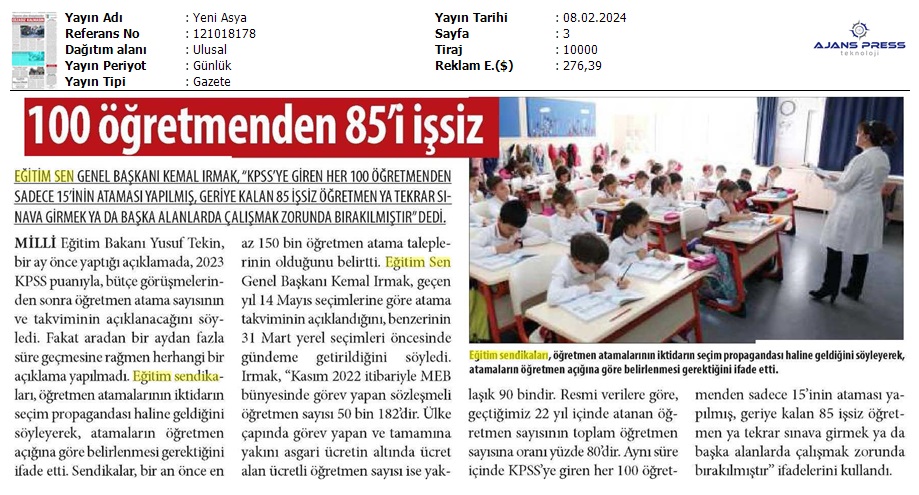 100 Öğretmenden 85'i İşsiz / Yeni Asya