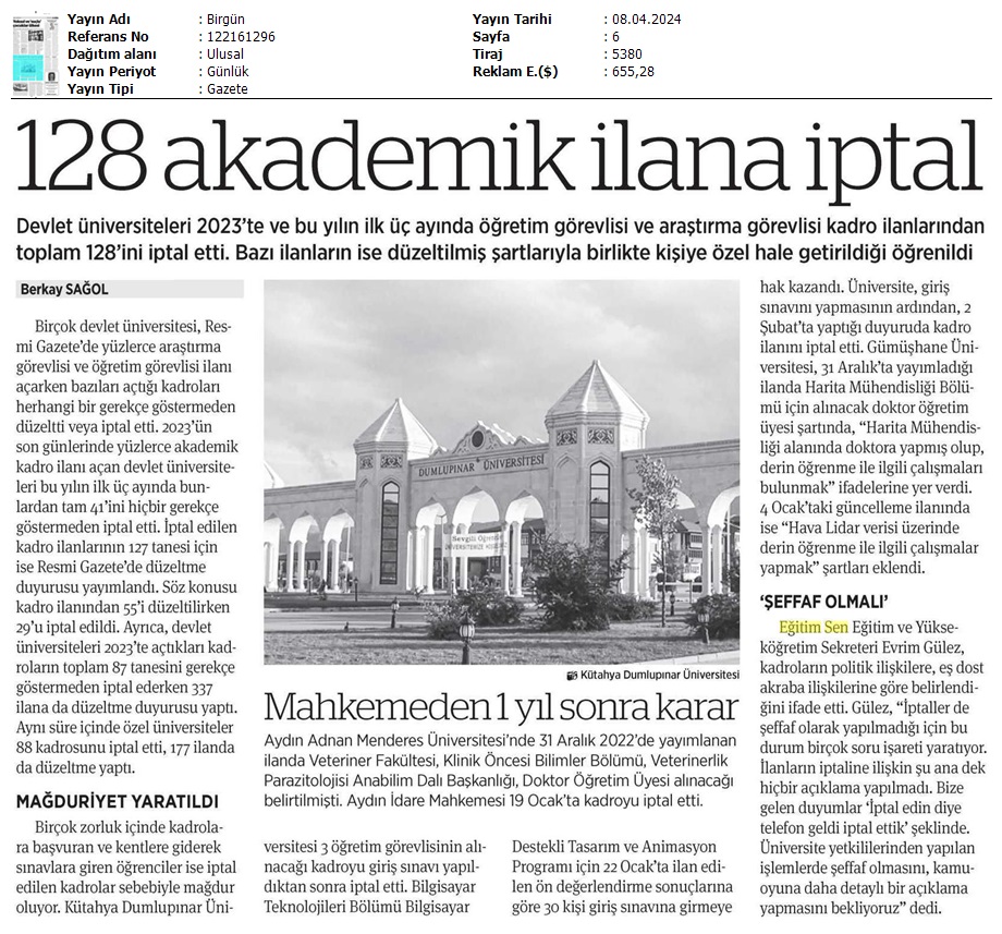 128 Akademik İlana İptal / Birgün